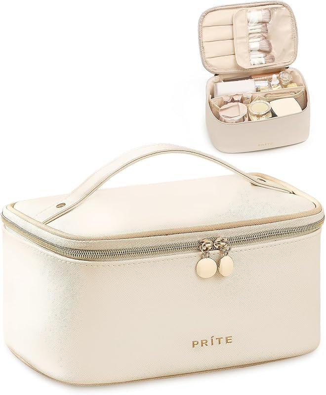 Necessaire de maquiagem Prite com divisórias, suporte para pincéis e alça, bege