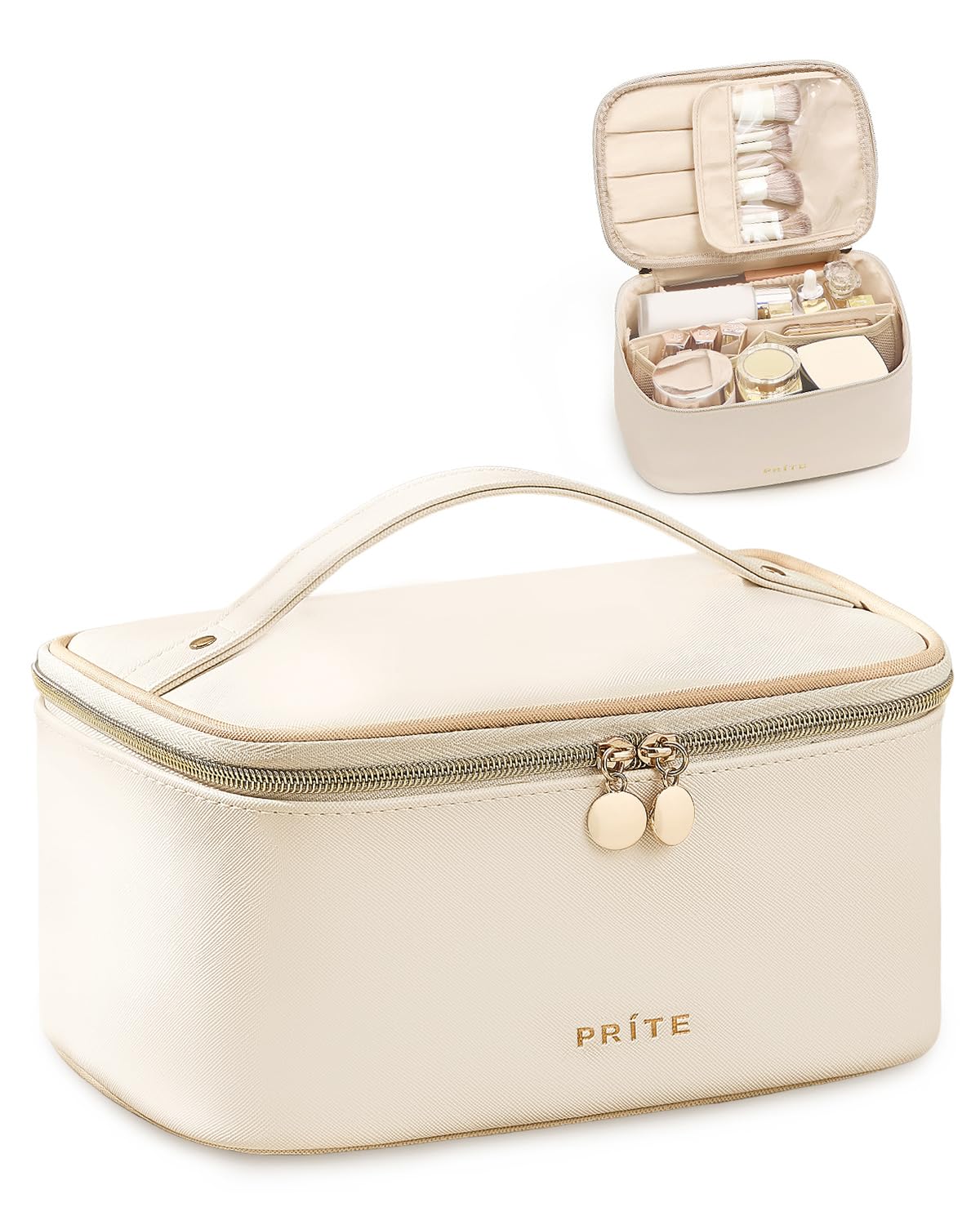 Prite Makeup Bag Travel Cosmetic Case, Women Toiletry Bag Organizer, Beige Beige Standard
