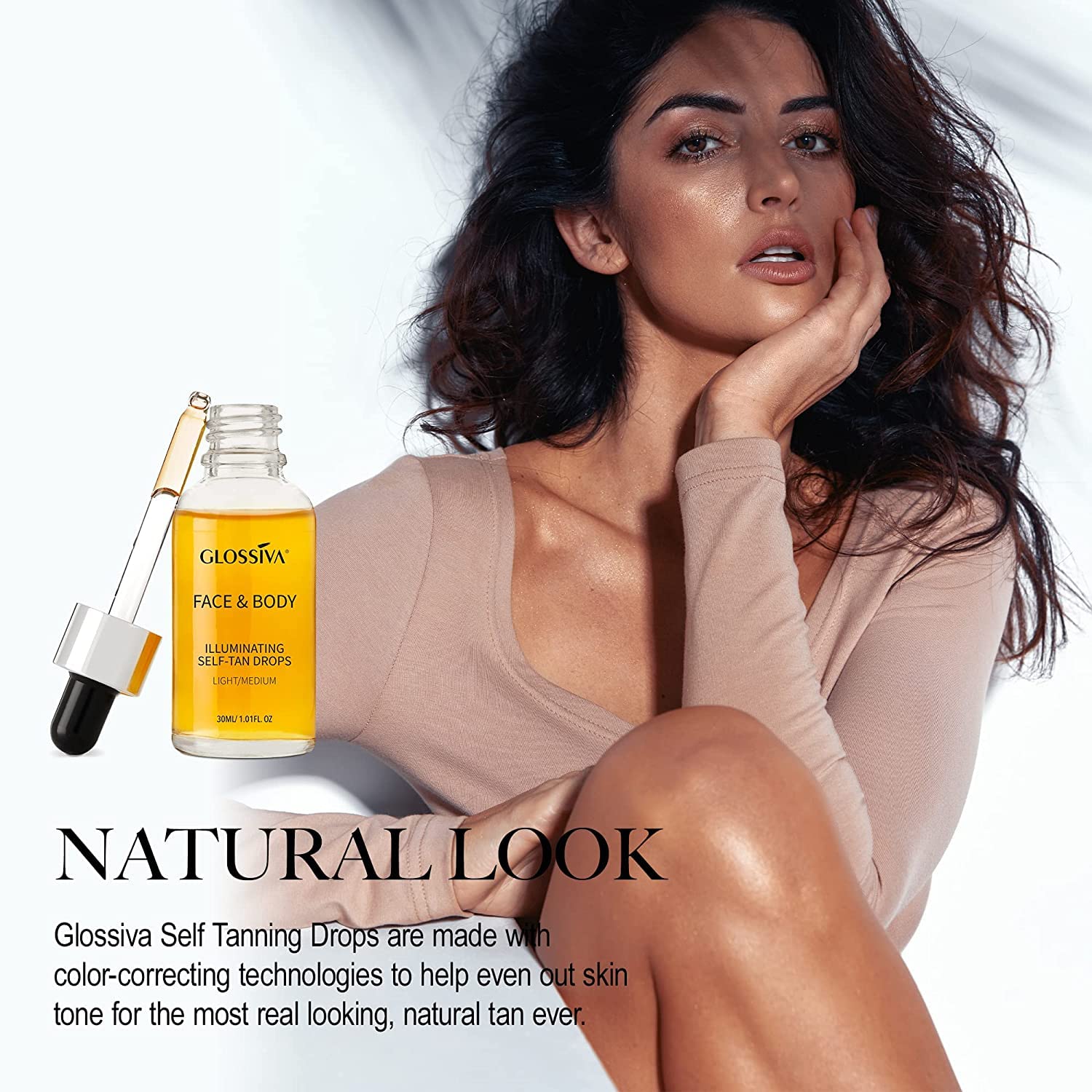 Glossiva Self Tanner drops for Face and Body Self Tanning Drops,30ml Natural Sunless Tanning drops for Perfect Golden Glow - Vegan, Friendly & Cruelty Free