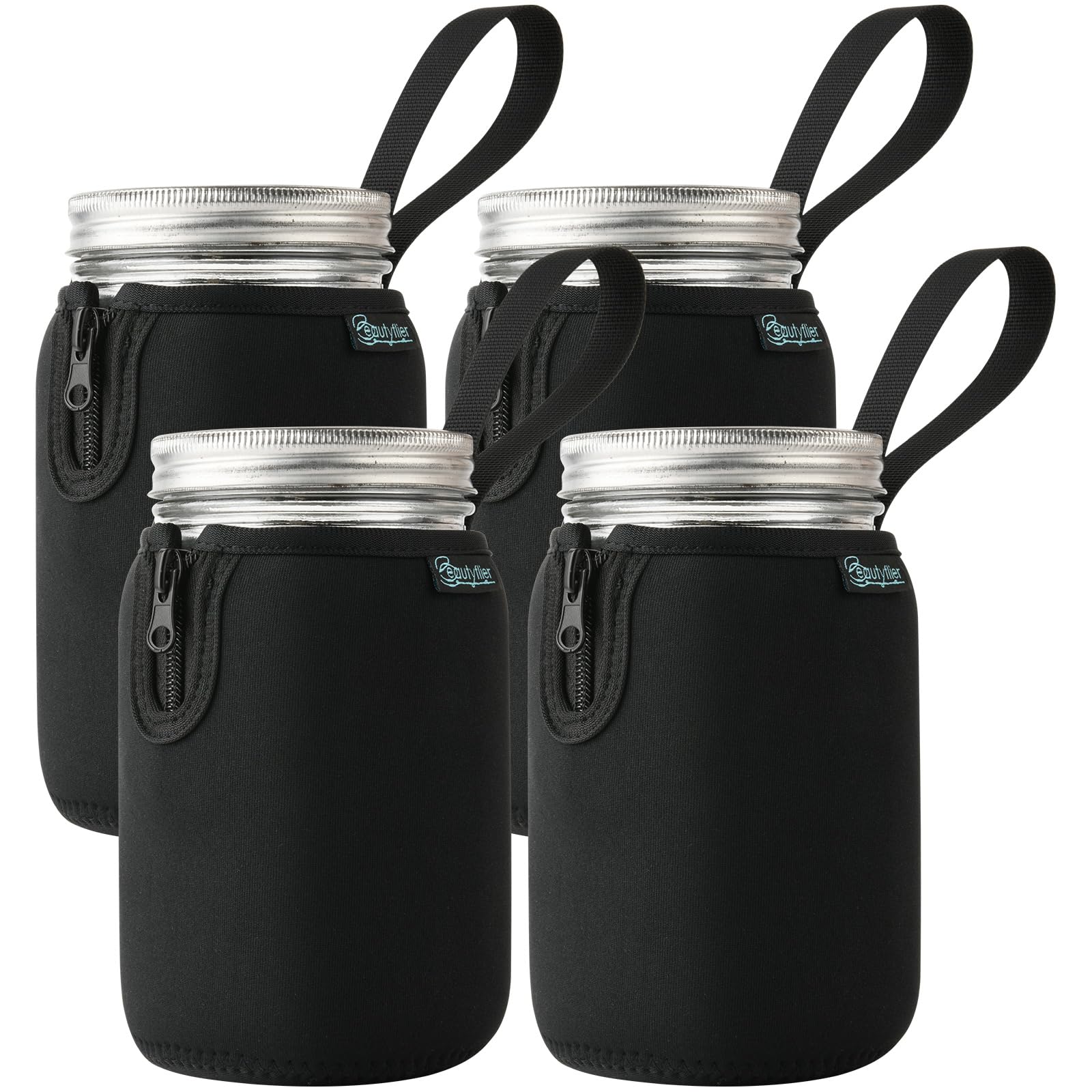 Beautyflier Mason Jars 32oz Wide Mouth Sleeve Regular Mouth Mason Jars Insulators Drinking Glass Coolers Sprouting Jars Blackout Sleeve (Black, 4PCS)