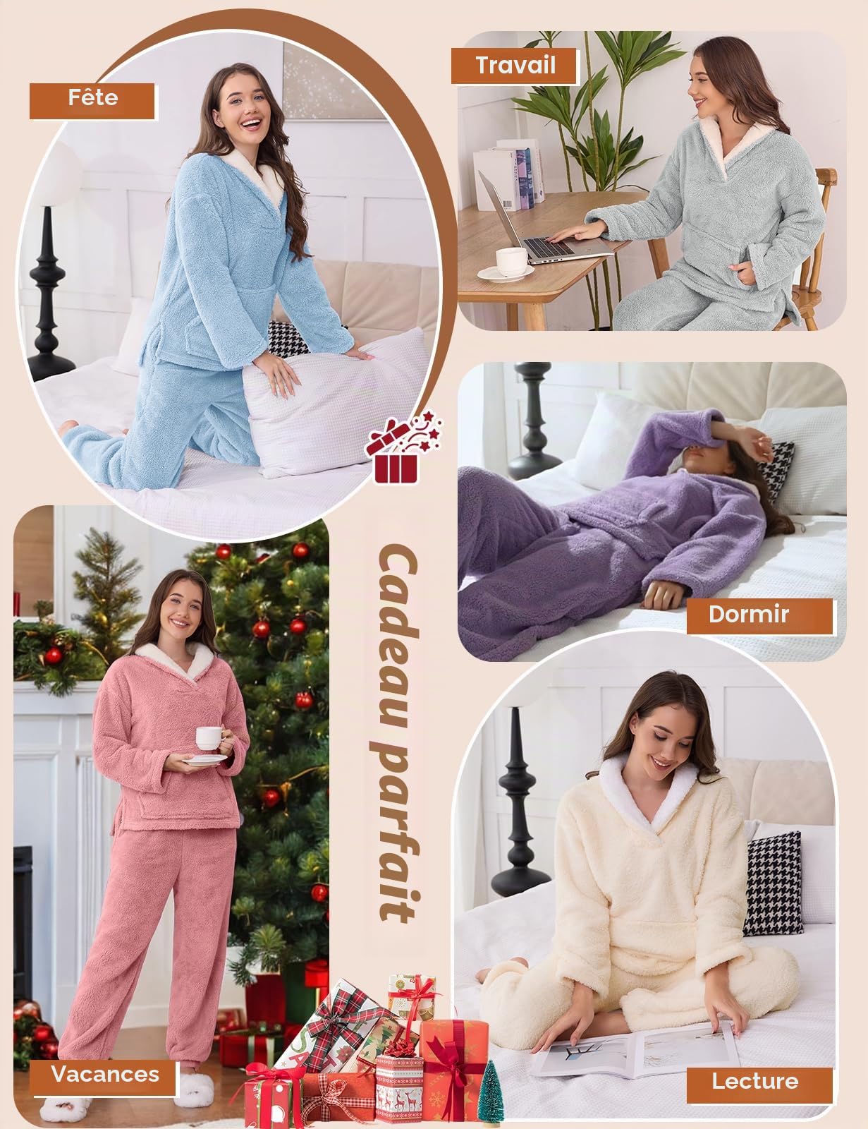 CMTOP Pyjama Femme Hiver Ensembles de Pyjama en Polaire Vêtements de Nuit Chaud et Doux Rembourré Ensemble Sleepwear Combinaison Pyjama à Revers Confortable et Moelleux avec Poches