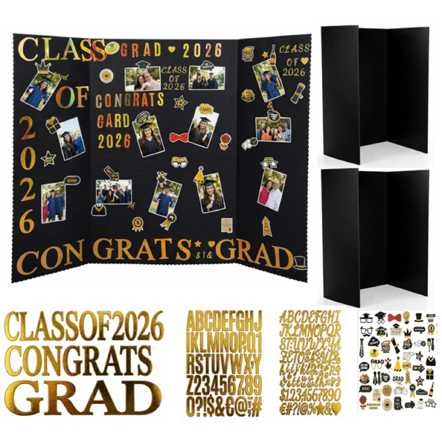 Photo 1 of 2 Pack Large Black Graduation Photo Trifold Display Boards 36" X48" Graduation Photo Collage Board 9 Sheet Alphabet 52 Grad Stickers Class of 2026 Picture Display for Multiple Pictures Table Decor