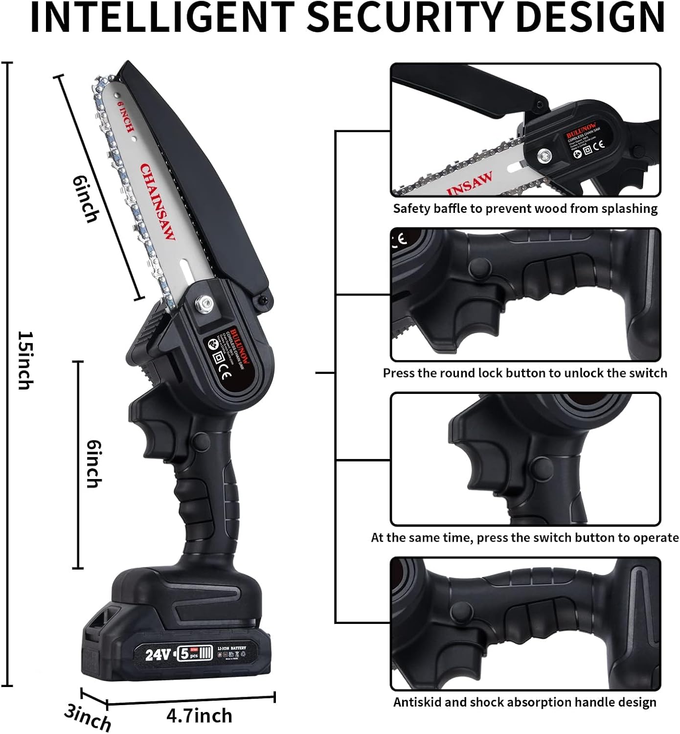 Mini Cordless Chainsaw 6 Inch, 2024 New 6+4 Inch Chain Length Switch Design Electric Power Chainsaw with 2 Packs 24V Li-on Battery and Quick Charger