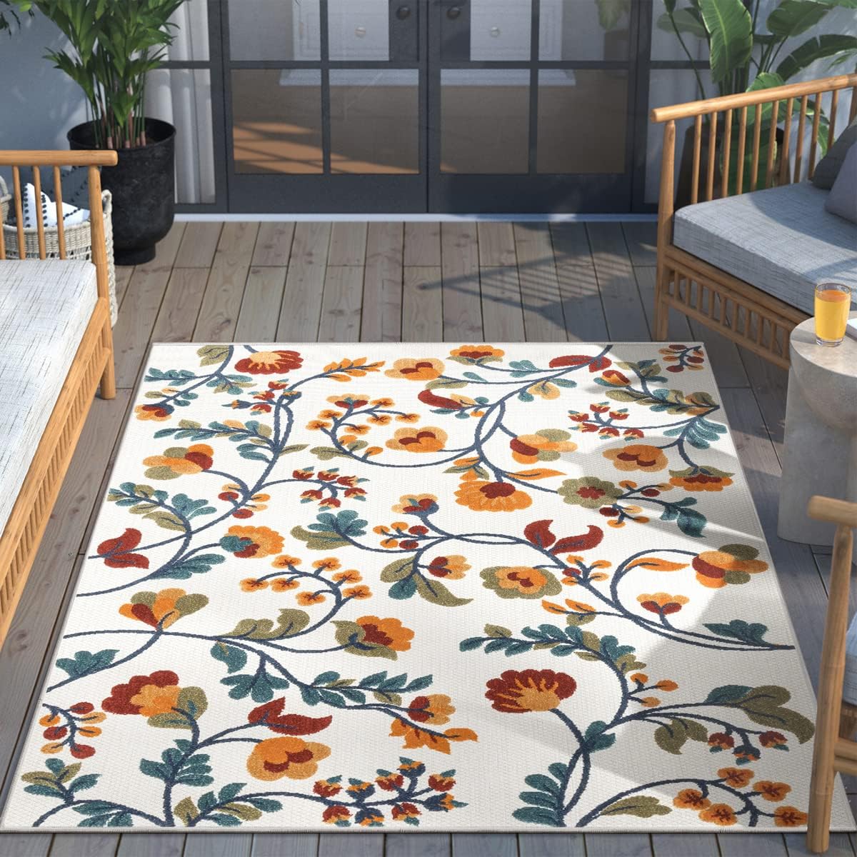 Well Woven Neveh Geometric Ivory Indoor/Outdoor High-Low Pile Design, Weather-Resistant, Easy-Care, for Patio, Deck, Porch, Living Room Area Rug 6x9-7x9 (6'7" x 9'6")