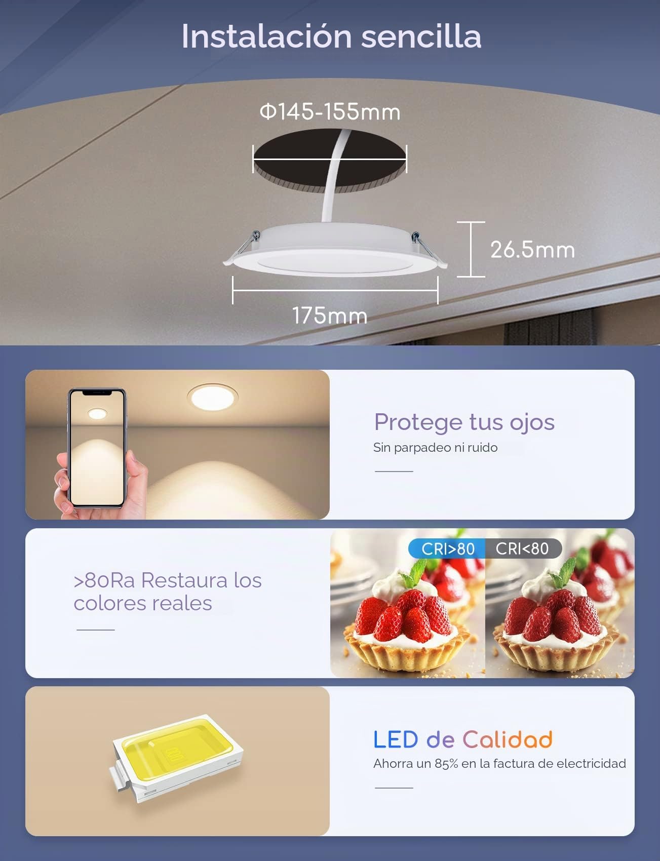 Aigostar 15 W inteligente Downlight LED, 6 Pack Luces para Alexa de 1430 LM Wi-Fi, Focos LED empotrada compatible con Alexa y Google Home, Regulable de luz cálida a blanca 3000-6500K, Φ145-155 mm
