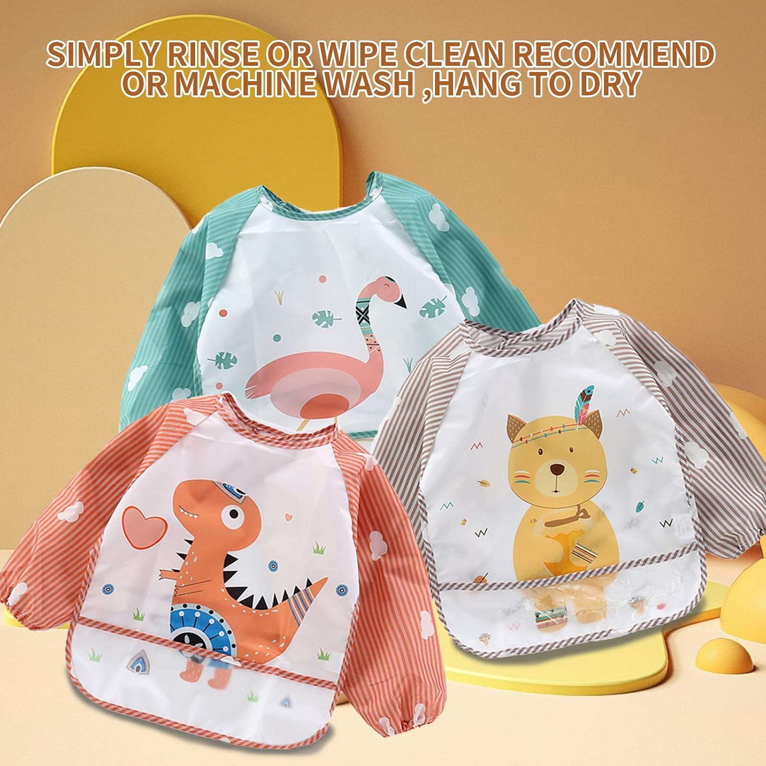 Bavaglino Con Maniche Lunghe Hello Hippo Per Bambini 6-24 Mesi - Impermeabile, Regolabile, Con Tasca Raccolga Briciole, Multicolore - 6
