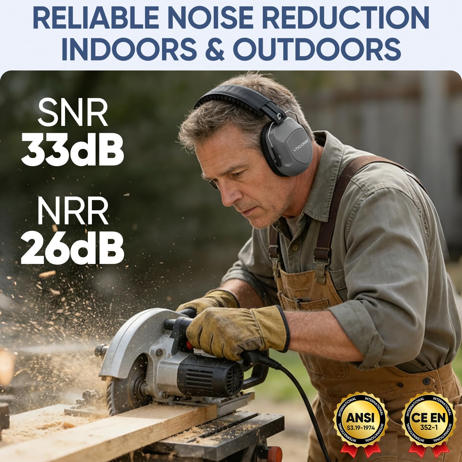 TICONN Noise Cancelling Ear Muffs for Adults, SNR 33dB Hearing Protection, Adjustable Safety Earmuffs for hunting, Construction (Dark Gray) view 2