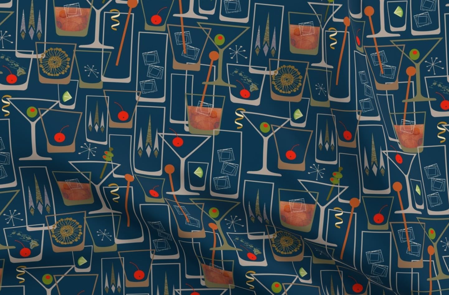 Spoonflower Fabric - Martini Time Mid-Century Mid Century Modern Retro Inspired Atomic Era Printed on Petal Cotton Fabric Fat Quarter - Sewing Quilting Apparel Crafts Decor