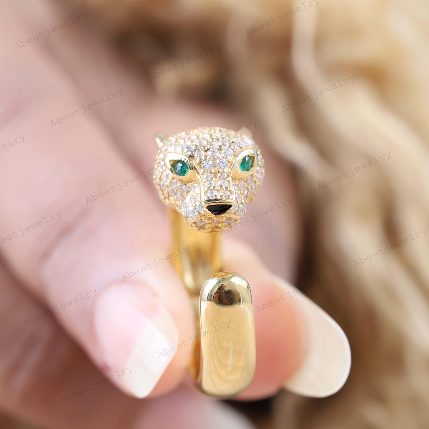 Emerald Eye Panther Animal Ring Yellow Gold Jaguar Ring Diamond Art Deco Jewelry Elegant Tiger Ring Gift For Her BY ABEST JEWELRY