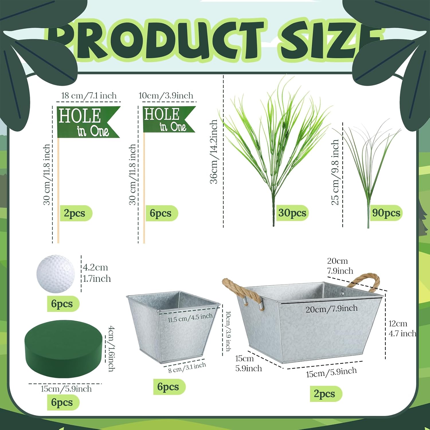 8 Set 162 Pcs Golf Party Table Decorations Sport Themed Party Centerpieces Includes 8 Metal Bucket 24 Mini Golf 120 Artificial Grass 8 Flags and 2Flower Mud for Sport Birthday Decor(Square)