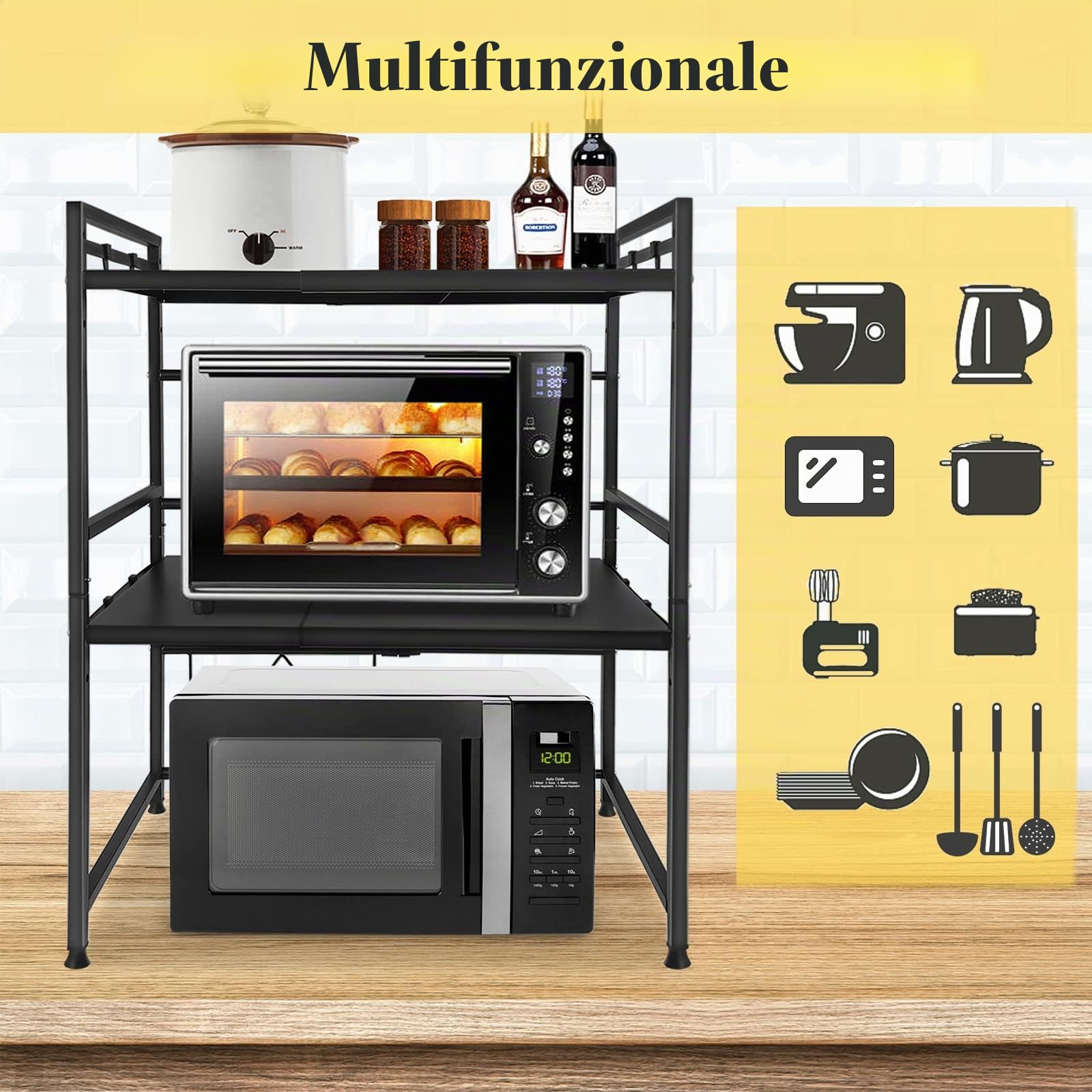 UISEBRT Mensola Microonde Estensibile con 8 Ganci, 3 Livelli Supporto Allungabile per microonde, Scaffale da Cucina Organizzatore, Nero