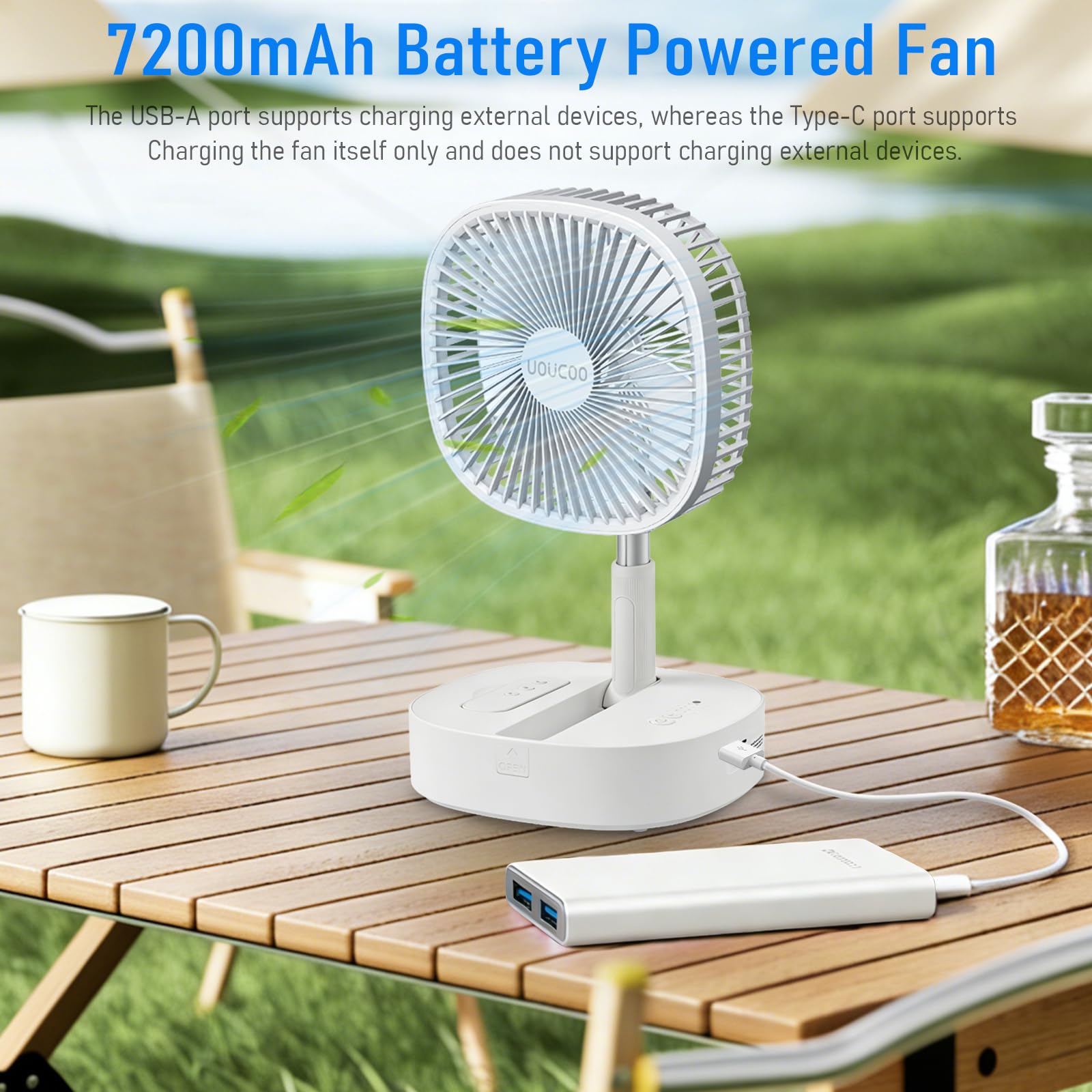 Tragbarer Oszillierender Ventilator, 22,9 cm, zusammenklappbar, mit wiederaufladbarem 7200 mAh Akku, USB-betriebener Bodenventilator, höhenverstellbar, 4 Geschwindigkeiten, leise, inkl