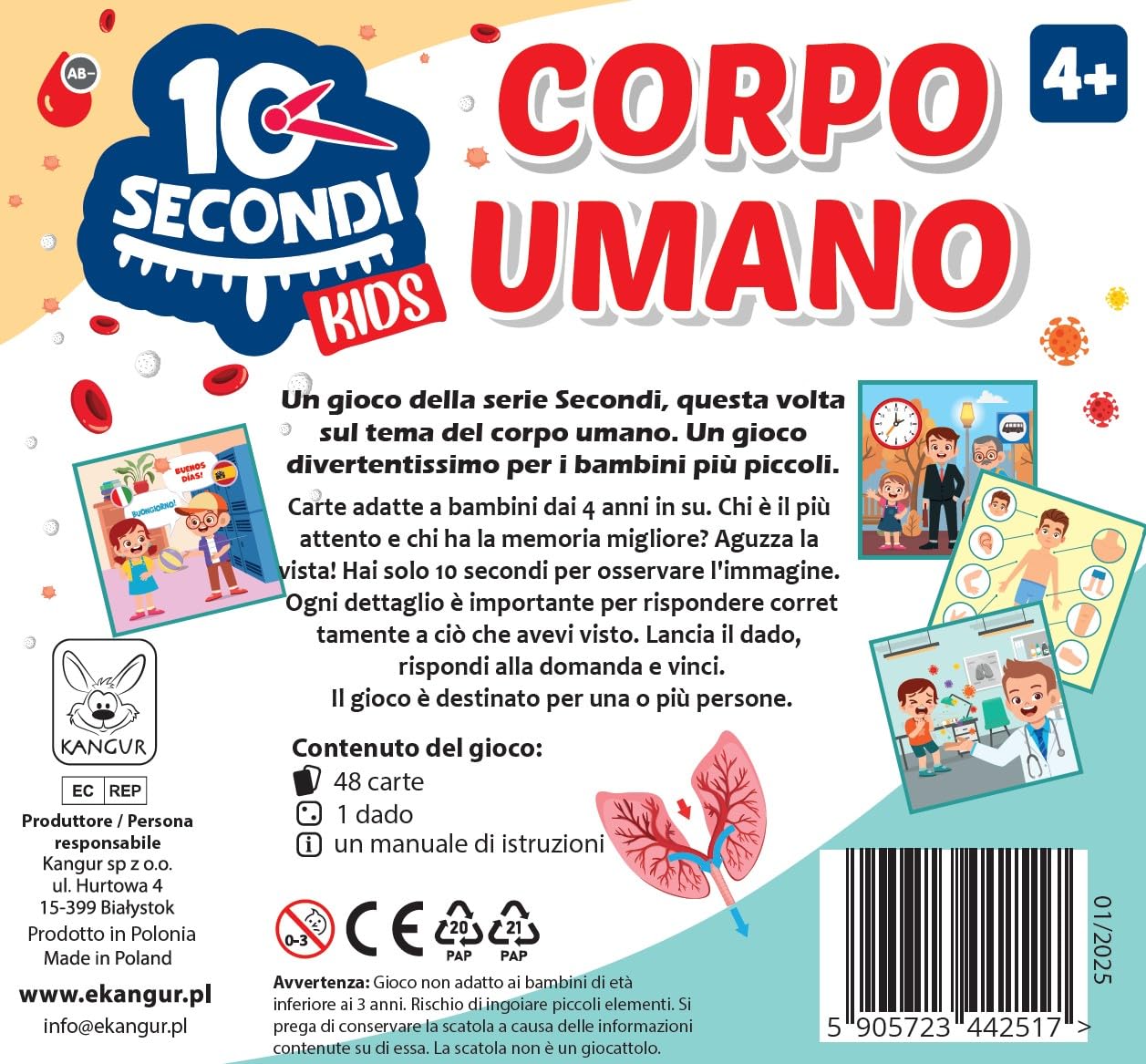 KANGUR 10 Secondi Kids Corpo Umano Gioco Educativo per Bambini 4+ con 48 Carte Sviluppa Memoria Concentrazione Osservazione Anatomia Umana
