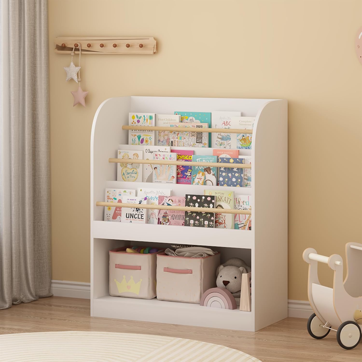 Ikebana Bookshelf for Kids, 3-Tier Montessori Bookcase for Toddlers, Wooden Bookshelf and Toy Storage Organizer for Kids Room, Bedroom, Nursery, Kindergarten