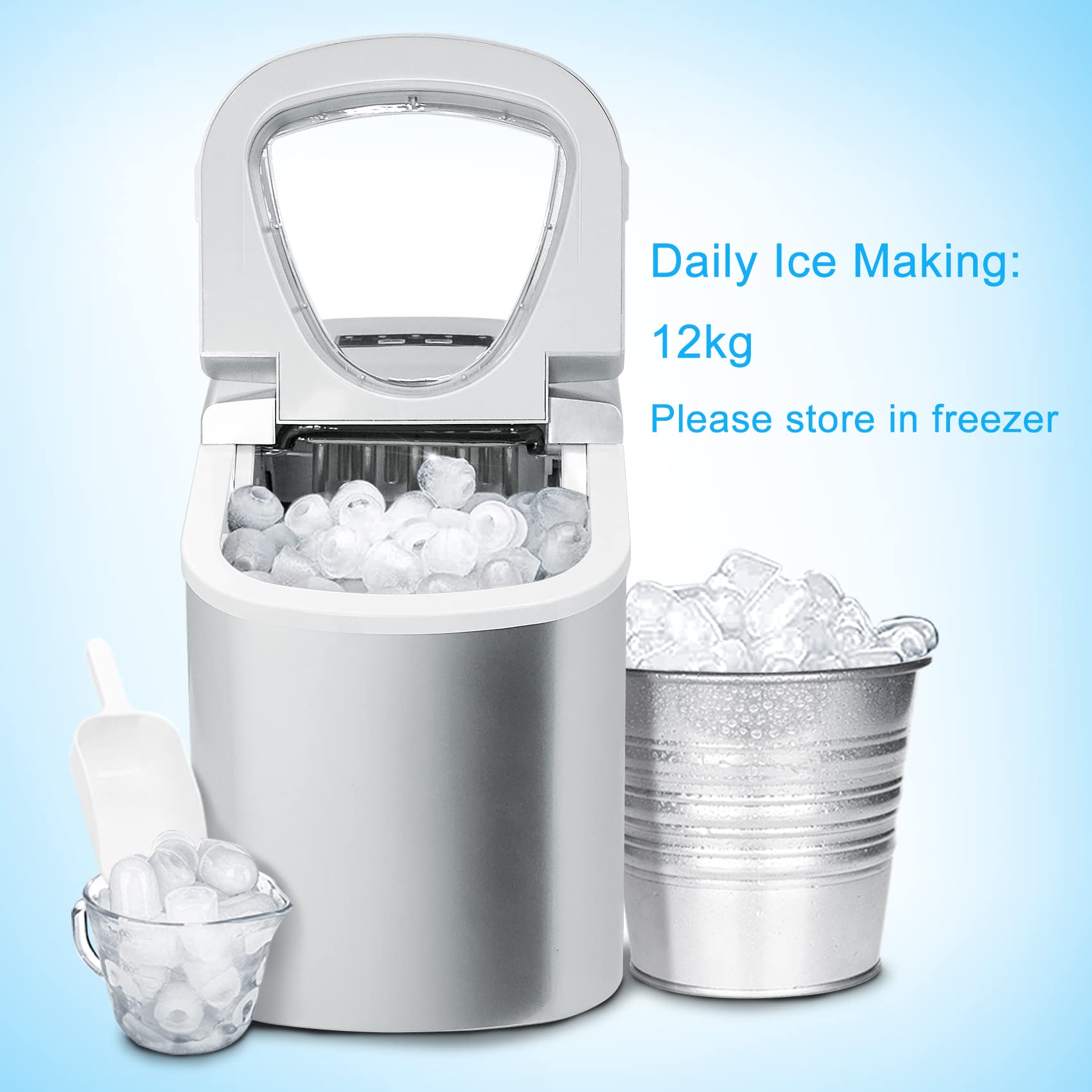 QEXREED Eiswürfelmaschine, Eiswürfelmaschine klein 12kg/24h, 9 Würfel in 6 Minuten, Selbstreinigende Eiswürfelbereiter mit Eisschaufel und Korb, 2 Eiswürfel-Größen, Schwarz
