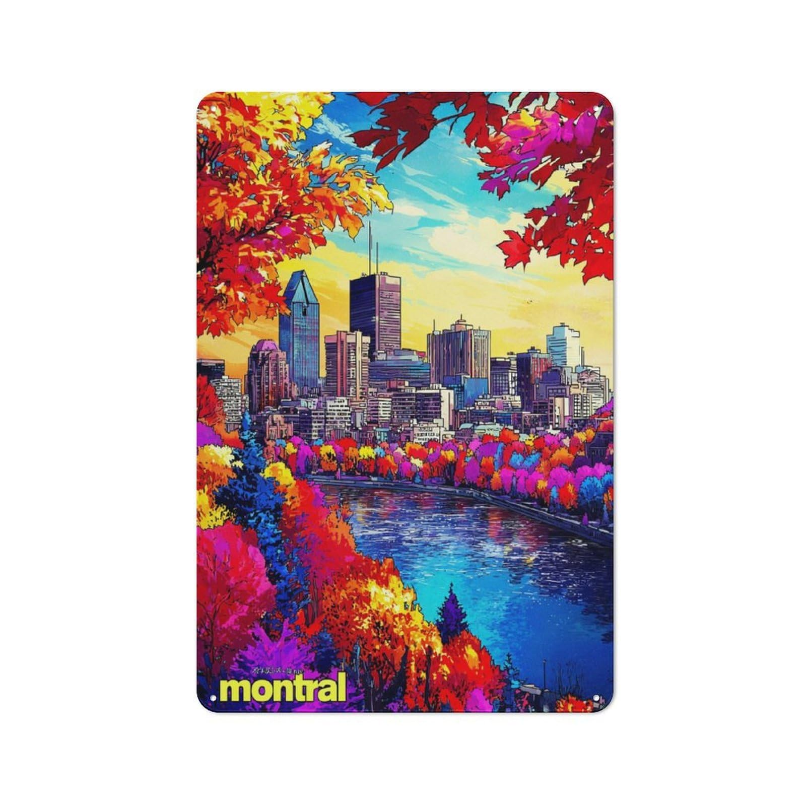 Junmoney Autumn Colors In Montréal Skyline 30X20cm Vintage Tin Sign With For Hobby Room Or Studio, For Winter Interiors And Metal Sign Collectors