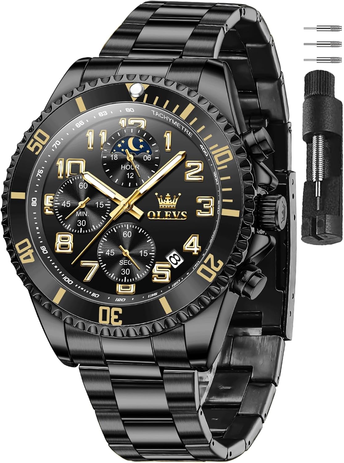 OLEVS Watches for Men Stainless Steel Dress Men Watch with Date Big Face Chronograph Waterproof Luxury Fashion Watch Blue/Black/Gold/Green/Silver Face Relojes para Hombres