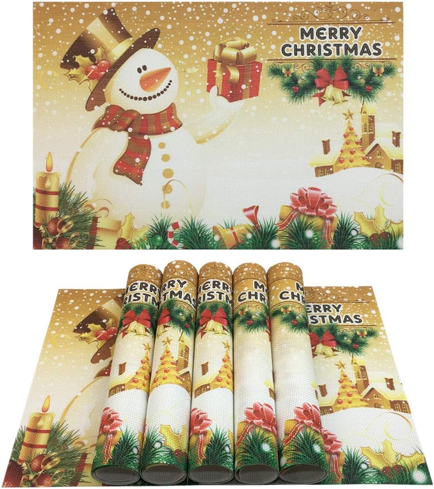 WAZAIGUR Christmas Placemats,Christmas Tree Snowman Candle Gift Pattern Non-Slip and Heat Resistant PVC Dining Table Mats,Set of 6（Gold
