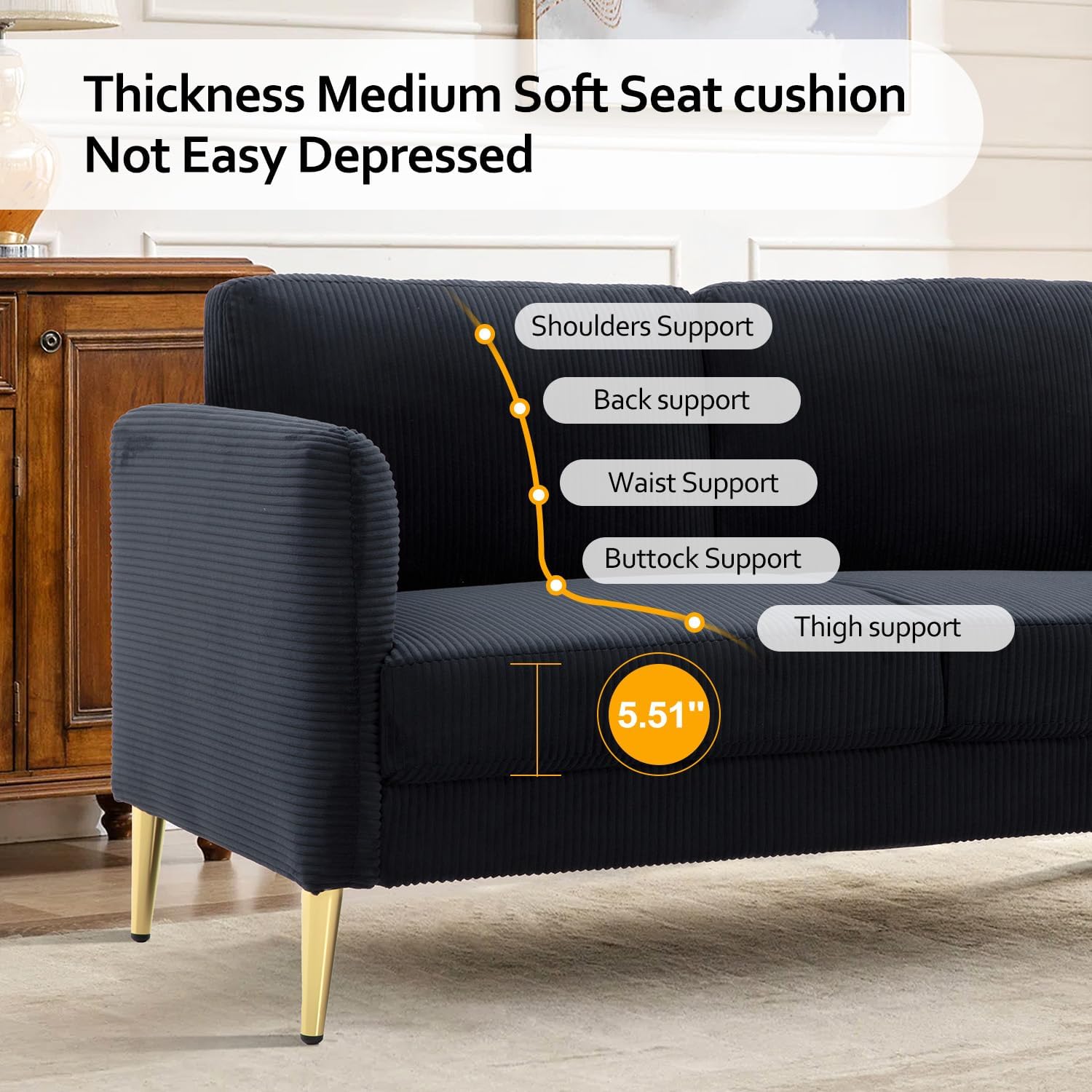 60" Black Modern Corduroy Loveseat Couch, Plush Cloud Upholstered Cushions, Mini Sofa 2-Seater Love Seat for Compact Small Space Living Room and Apartment Office Furniture Couche (60" Black)