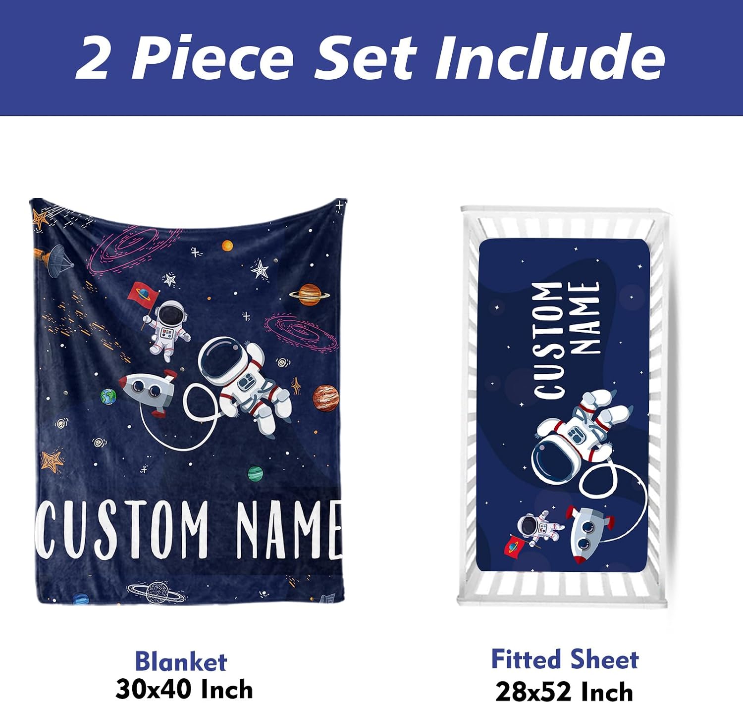 Custom Crib Bedding Sets, Personalized Space Theme Crib Bedding Sets with Name, 2 Pcs Crib Set with Double Layer Blanket and Crib Sheet, Gifts for Boys