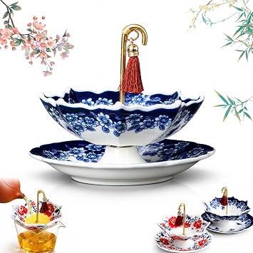 Umbrella Tea Infuser, Ceramic Loose Leaf Umbrella Tea Strainer with Base, Chinese Blue & White Porcelain Filter, Traditional Oriental Kung Fu Tea Accessories for Brewing Home Office Gift Style B
