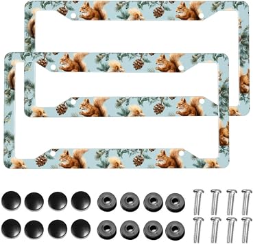 Muishi2pcs Adorable Squirrels Pine Cones License Plate Frame Aluminum License Plate Holder Funny License Plate Decorative with Screws Size 12.3" X 6.3" Men Women