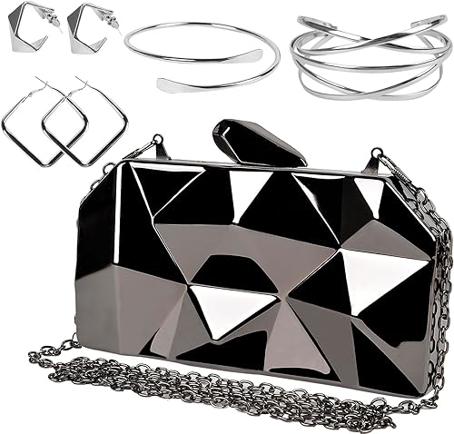 Miniatura 8 de QZUnique Bolso de mano de metal con diseño geométrico de noche con cadena de corte de piedra abstracta para mujer Negro, A-silver, negro, dorado,