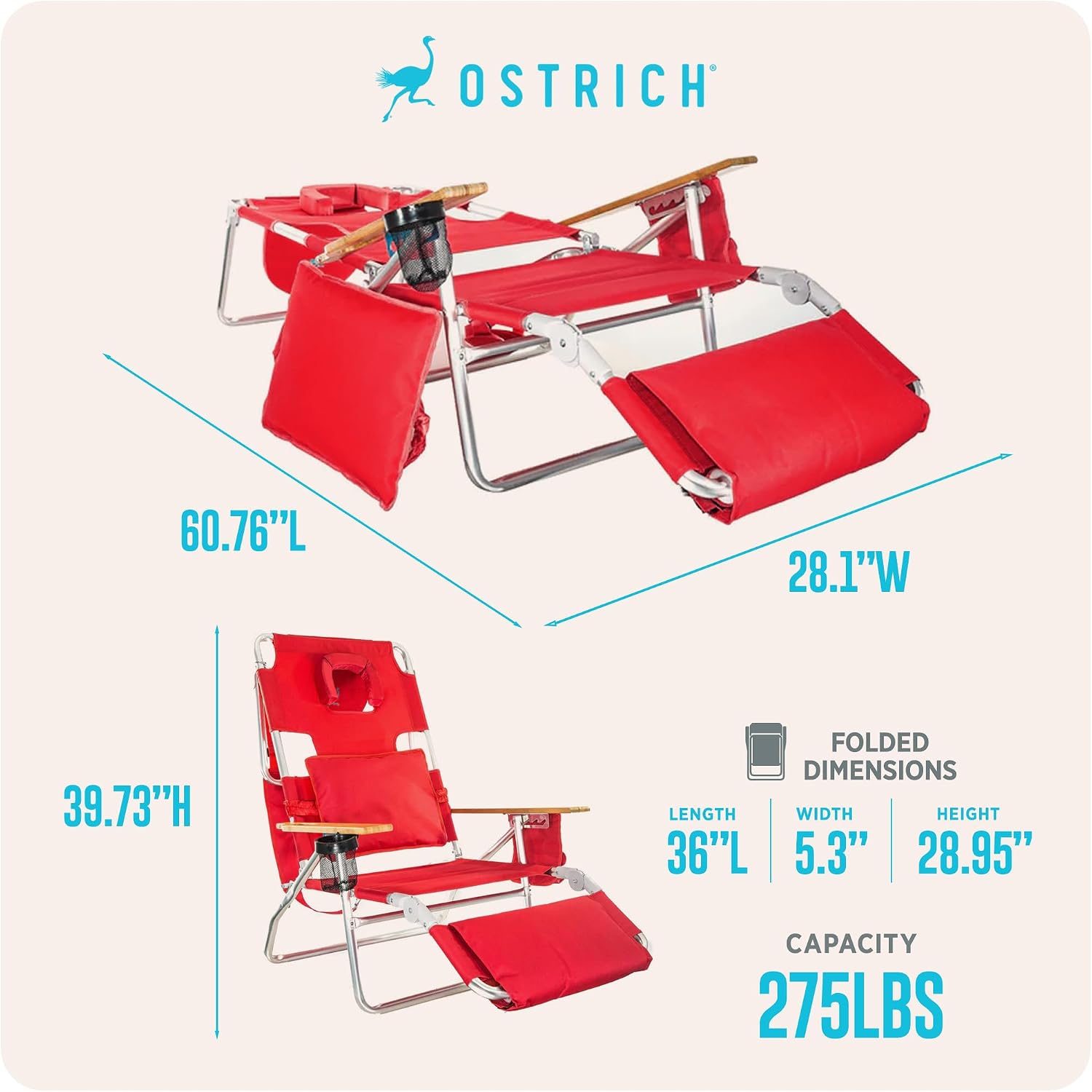 Ostrich the Deluxe 3N1 Lightweight Lawn Beach Reclining Lounge Chair with Footrest, Outdoor Furniture for Patio, Balcony, Backyard, or Porch, Red