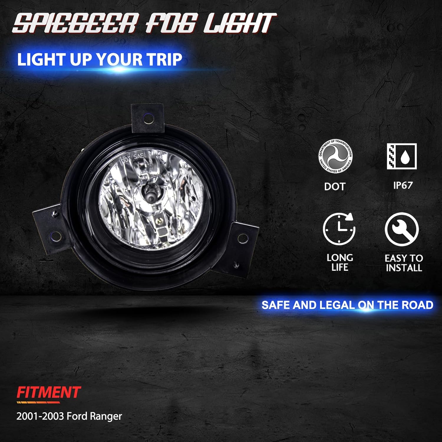 Fog Lights Assembly for 2001 2002 2003 Ford Ranger Replacement Kit with Switch and Wiring H10 12V 42W Halogen Bulbs ​Clear Lens