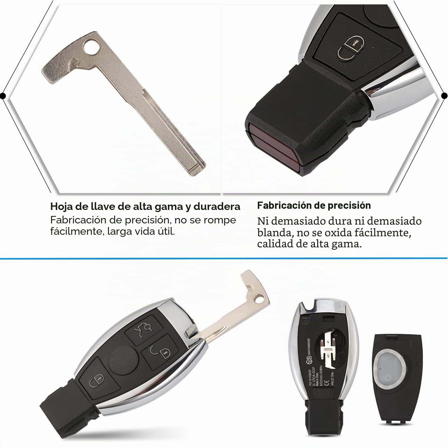 Carcasa de Llave Remota Inteligente de 3 Botones 433MHz para Mercedes B/e/n/z A B C E G S CLK SLK ML Clase 2000+ Mando Llave de Coche con BGA Chip Hoja NEC
