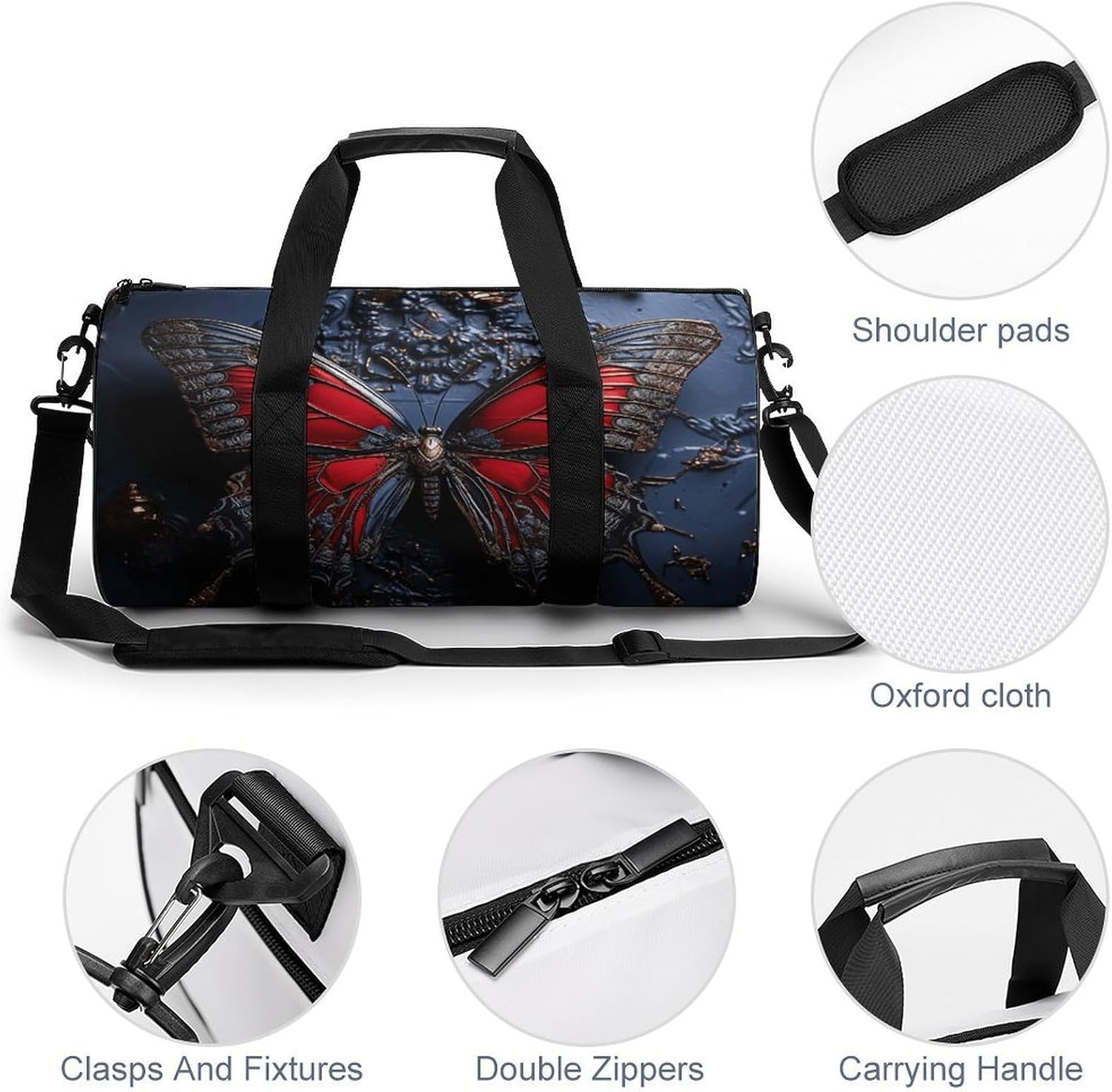 Red Butterfly Gym Bag Hand-held Fitness Bags Cylindrical Fitness Bag with Shoe Large Compartment Duffle Bags for Travel Sports Unisex image 5