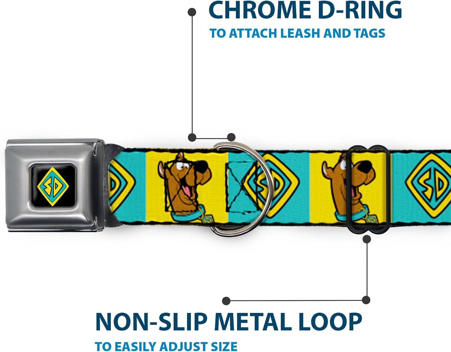 Scooby Doo Pet Collar, Dog Collar Metal Seatbelt Buckle, Scooby Doo Pose and Dog Tag Blocks Yellow Blue, 20 to 31 Inches 1.5 Inch Wide