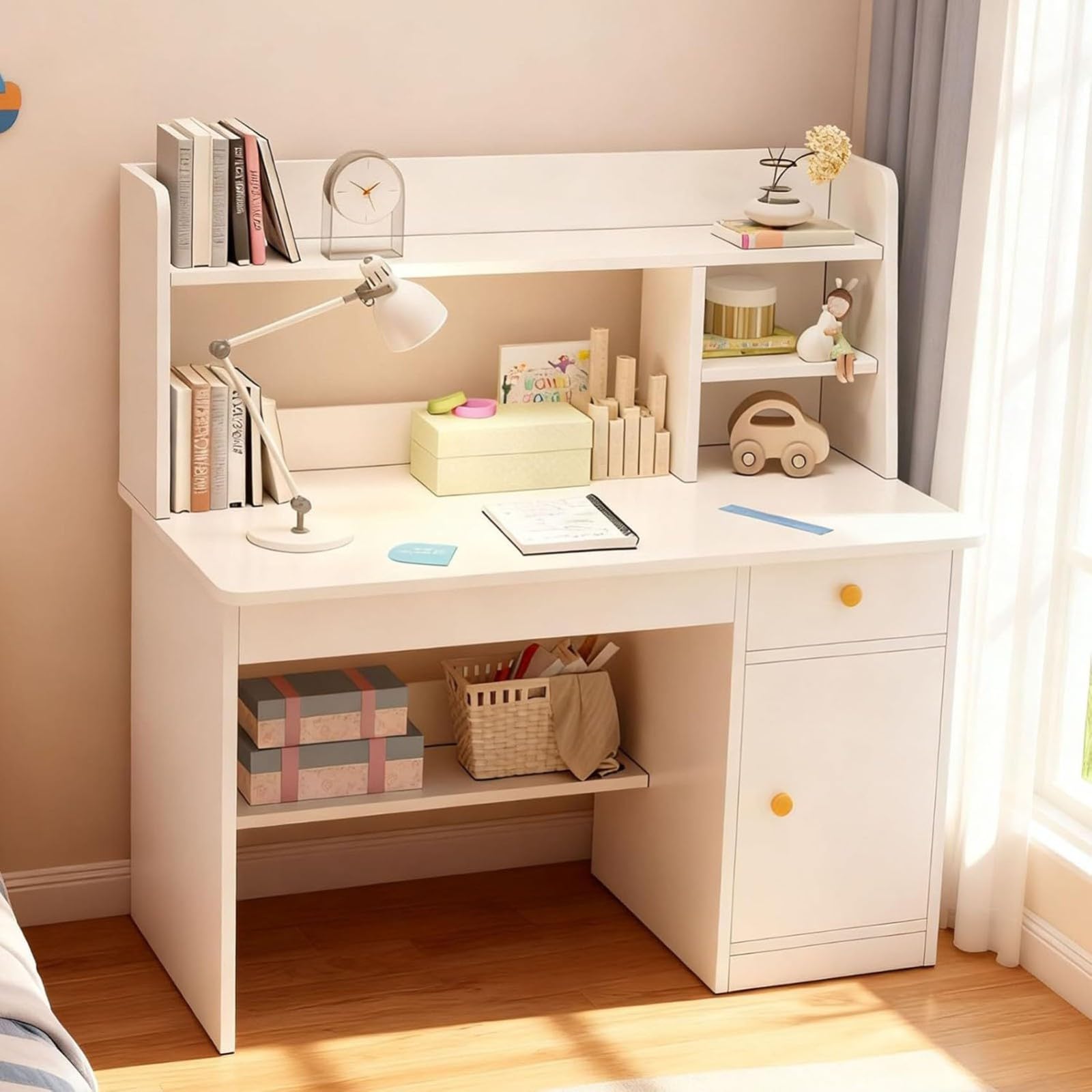 ELZEM Escritorio Infantil Rosa con Estantería y Cajón, Mesa de Estudio de Madera Maciza con Baldas y Armario, Mueble Que Ahorra Espacio para Dormitorio de Niños B,80x40x107cm