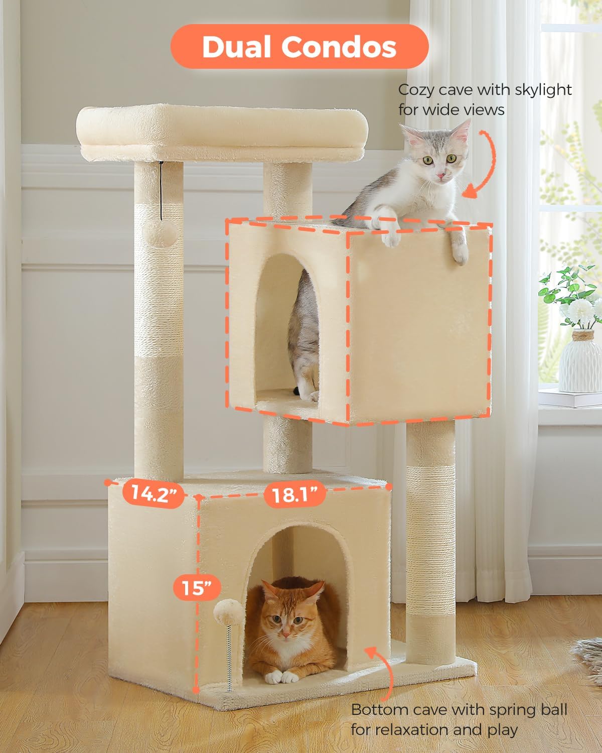 XL Cat Tree 44" Cat Tower for Large Cats 20 lbs+, 2 Spacious Caves with 3.4" Thickened Scratching Post, Large Top Perch, 2 Interactive Toys, Beige