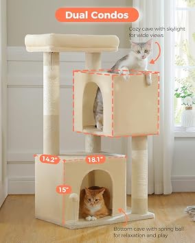 XL Cat Tree 44 Cat Tower for Large Cats 20 lbs+, 2 Spacious Caves with 3.4 Thickened Scratching Post, Large Top Perch, 2 Interactive Toys, Beige