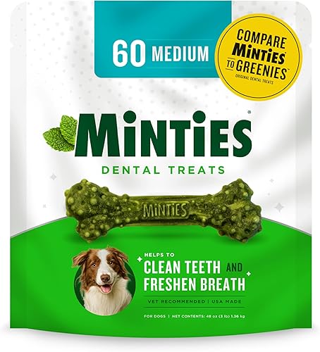 Minties Masticables dentales para perros, 60 unidades, golosinas con sabor a menta recomendadas por veterinarios para perros medianos de 25 a 50