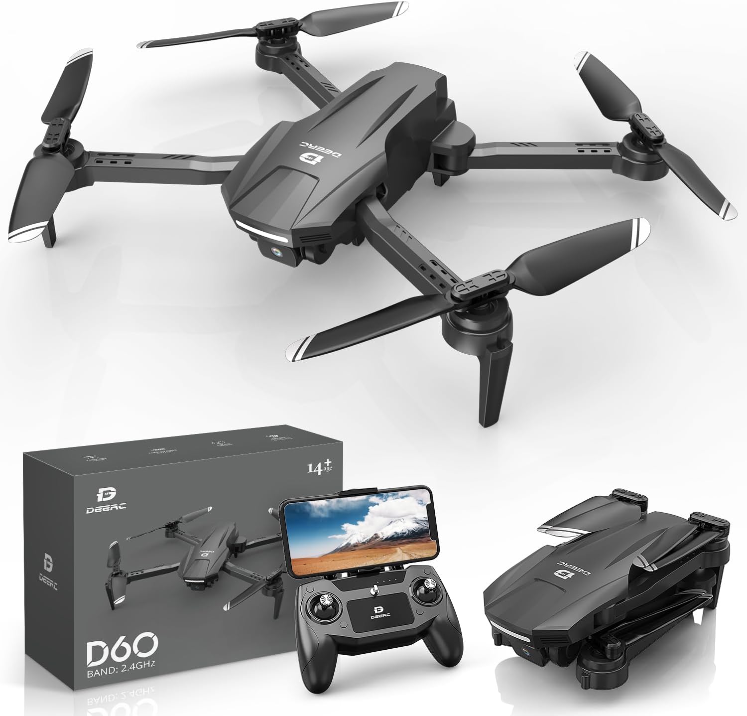 Drone DEERC D60 con Cámara para Adultos y Niños, 1080P HD FPV, Quadricóptero RC Plegable con Control por Gestos y Voz, Sensor de Gravedad, 22 Minutos de Vuelo, Modo de Altitud, Modo Sin Cabeza, Regalo Amigable para Principiantes