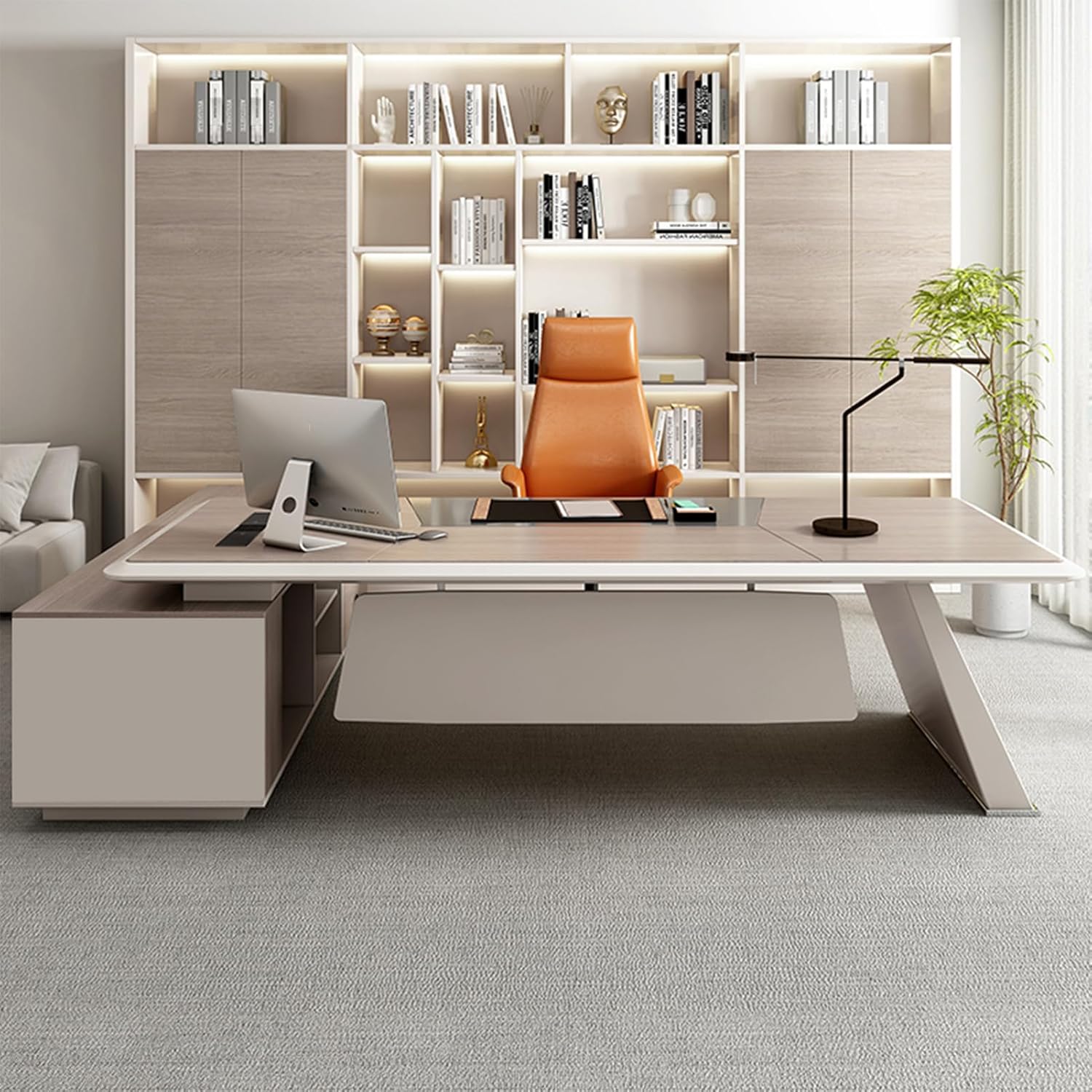 L Shaped Wood Executive Office Desk Computer Desk with Lateral Cabinet Writing Study Table Business Furniture Set