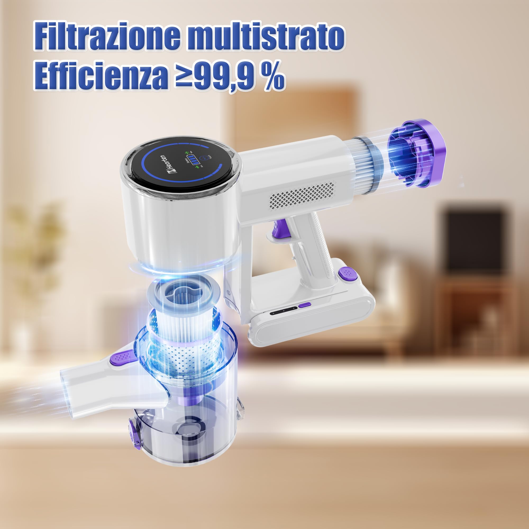 Hearten Aspirapolvere senza Fili con Tubo & Spazzola Triangolare, 40000Pa/450W/40Min, Display LED, Spazzola Antigroviglio Avanzata, Leggera, Autoportante, Silenzioso, per Peli/Pavimenti(Viola-bianco)