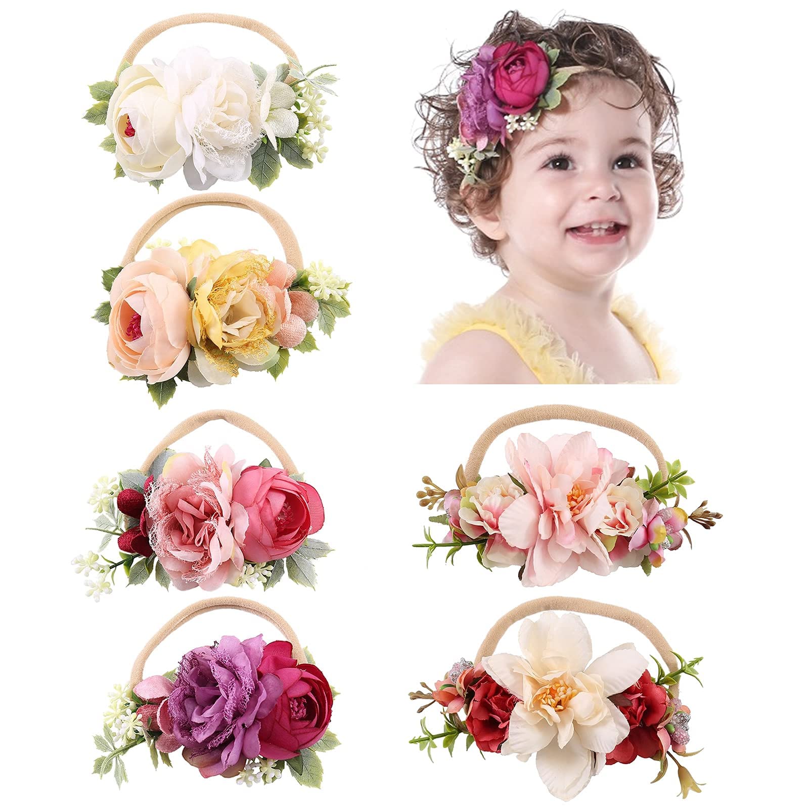 MAKINGTEC Baby Girl Floral Headbands, 6 Pack Delicate Floral Rose Flower Super Stretchy Cute Nylon Headbands Hair Bands Accessories for Girls Newborns Infants Toddlers Kids