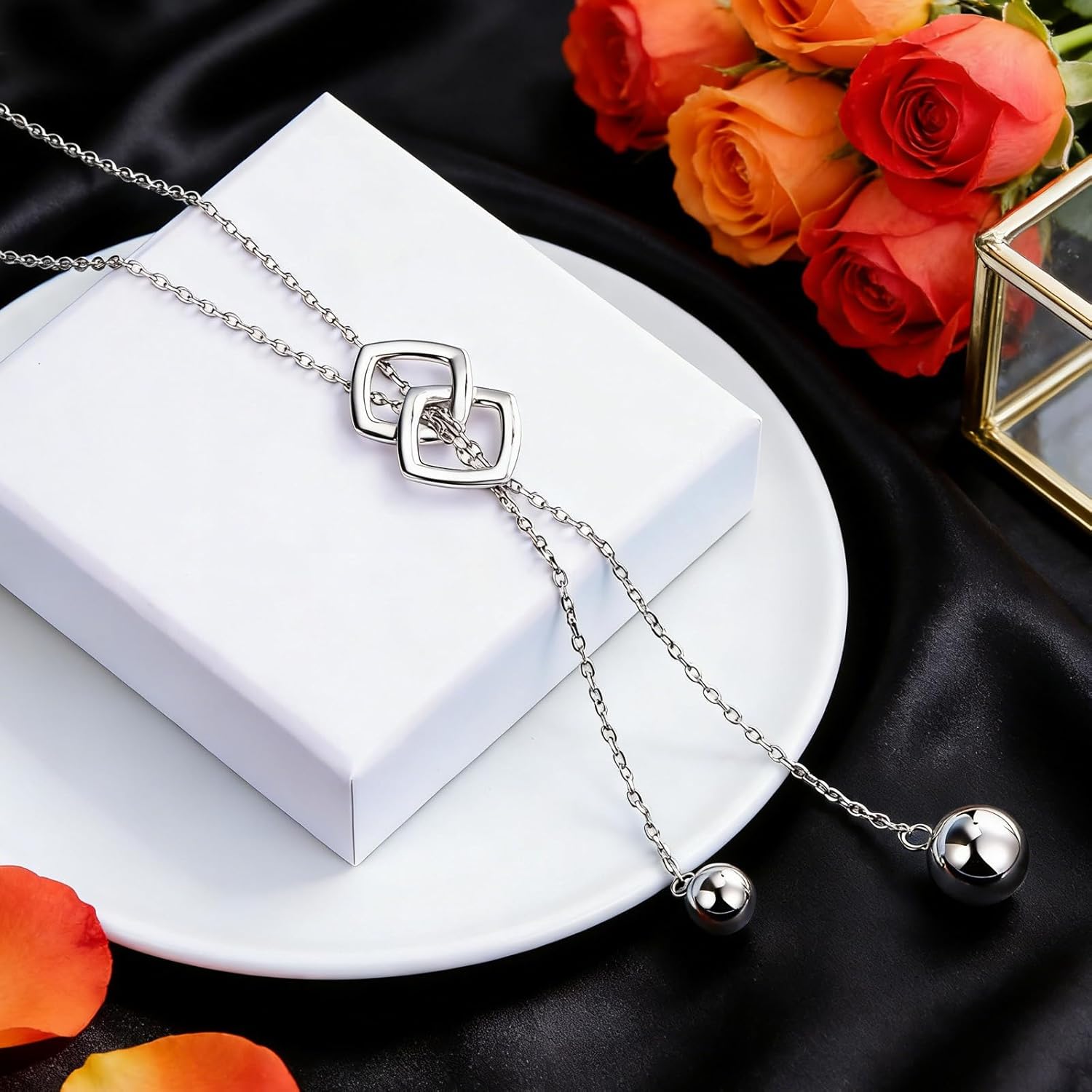 DAOCHONG Long Necklace S925 Sterling Silver Tassel Round Ball Necklace for Women,Snowflake Long Necklace Silver Jewelry Christmas New Year Holiday Gifts for Women Her (Chain adjustable)