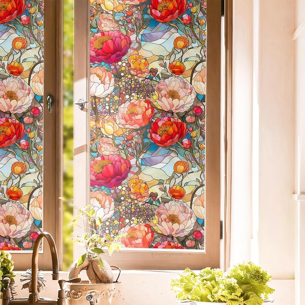 REDAMANCY 16"x118 Colorful Stained Glass Floral Window Films Decorative Window Privacy Tinting Film Self-Adhesive Static Glass Window Clings Stickers