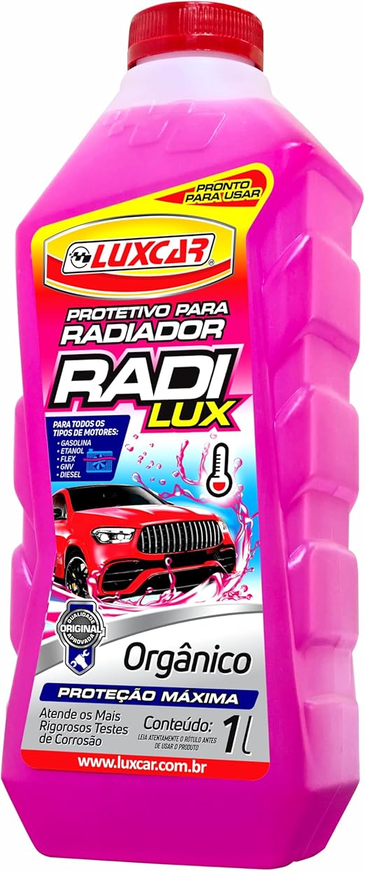 Frasco de 1 litro de aditivo para radiador Luxcar Radi Lux, cor rosa, com rótulo destacando proteção orgânica e compatibilidade com motores.