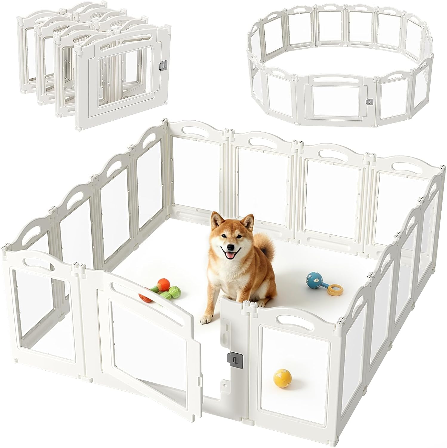 Foldable Clear Acrylic Dog Playpen with Door, 23.6″ Acrylic Puppy Playpen, Easy Assemble Indoor Pet Fence with White Frame, Clear Dog Playpen for Puppies & Animal (White, 23.6‘H, 12 Panels + 1 Door)