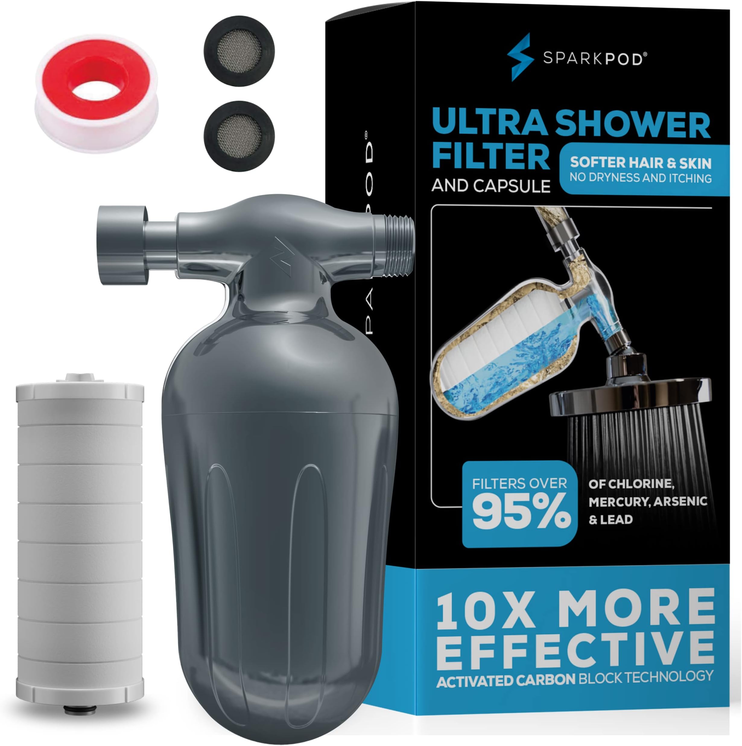 SparkPod Ultra Shower Filter- Shower Head Water Filter & Cartridge- 150 Stage Equivalent, Removes Up to 95% of Chlorine, Heavy Metals for Soft Hair and Skin (Charcoal Grey)