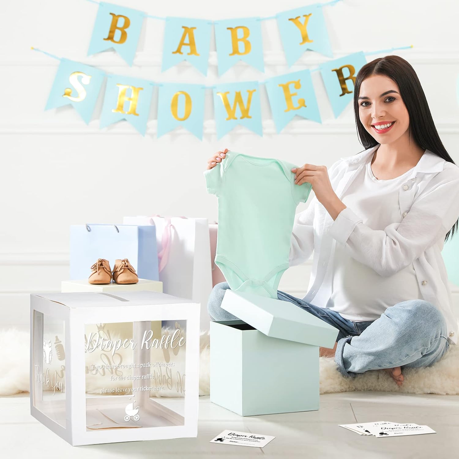 Funrous 51 Diaper Raffle Tickets with Box for Baby Shower Game Invitations Diaper Raffle Card for Gender Reveal Baby Shower Party Decoration Table Centerpiece(Clear White)