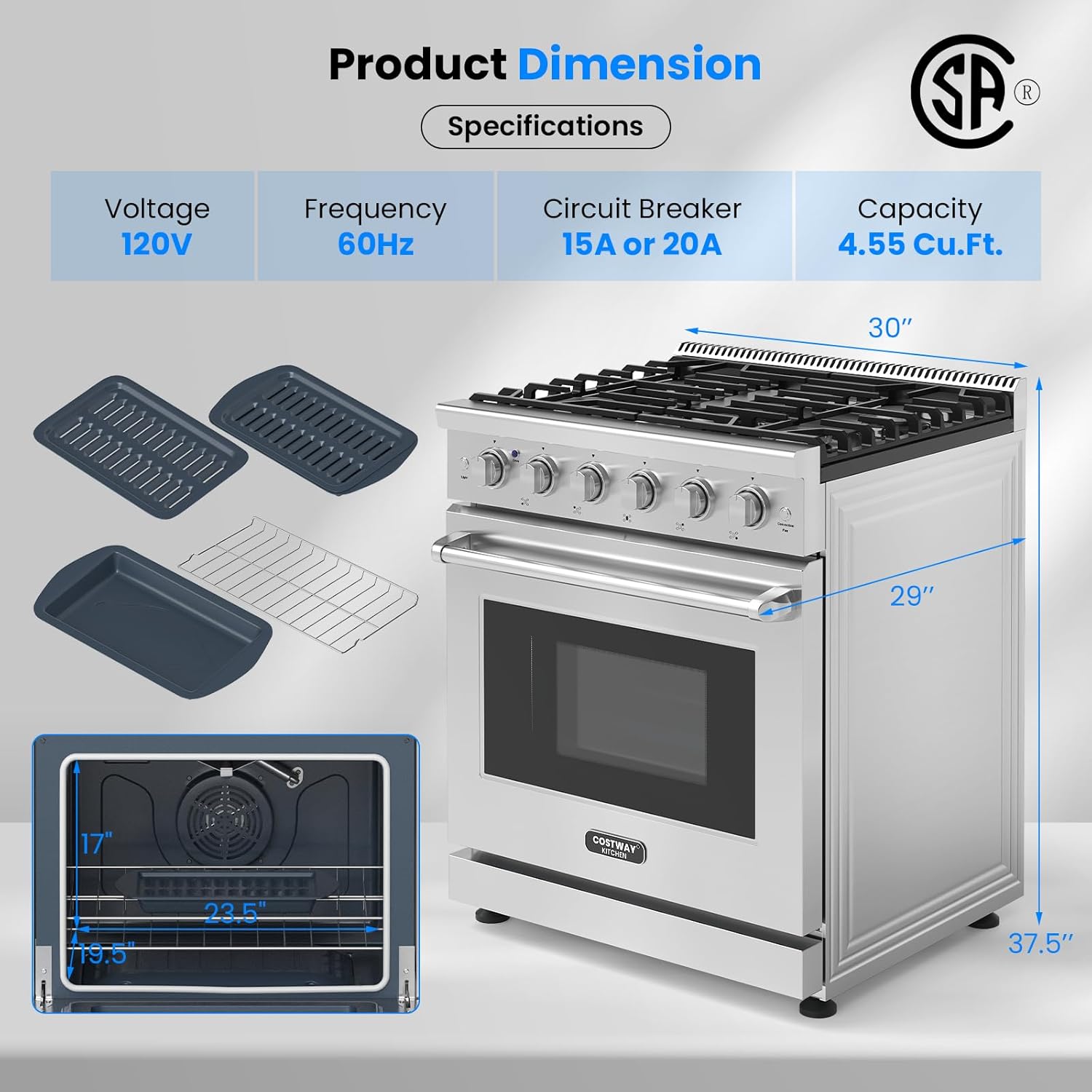 COSTWAY 30 Inches Natural Gas Range, with 5 Burners Cooktop & 4.55 Cu.Ft. Convection Oven, Storage Drawer, Dual Fuels Range with Cast Iron Grates & Enamel Interior, Stainless Steel (30 Inch)