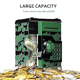 ATM Piggy Bank for Boys Girls, Vcertcpl Mini ATM Coin Bank Money Saving Box with Password, Kids Safe Money Jar for Adults with Auto Grab Bill Slot, Great Gift Toy Bank for Kids (Camouflage GreenGray)