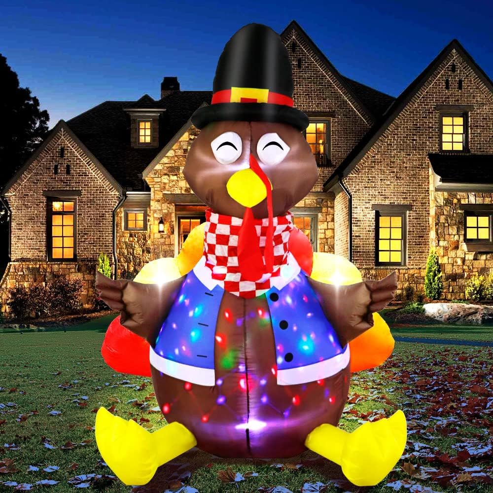 AerWo Thanksgiving Inflatable Turkey Decoration 6ft Blow Up Turkey Inflatable with Rotating LED Colorful Lights for Outdoor Holiday Yard Lawn Thanksgiving Decorations Home Decor
