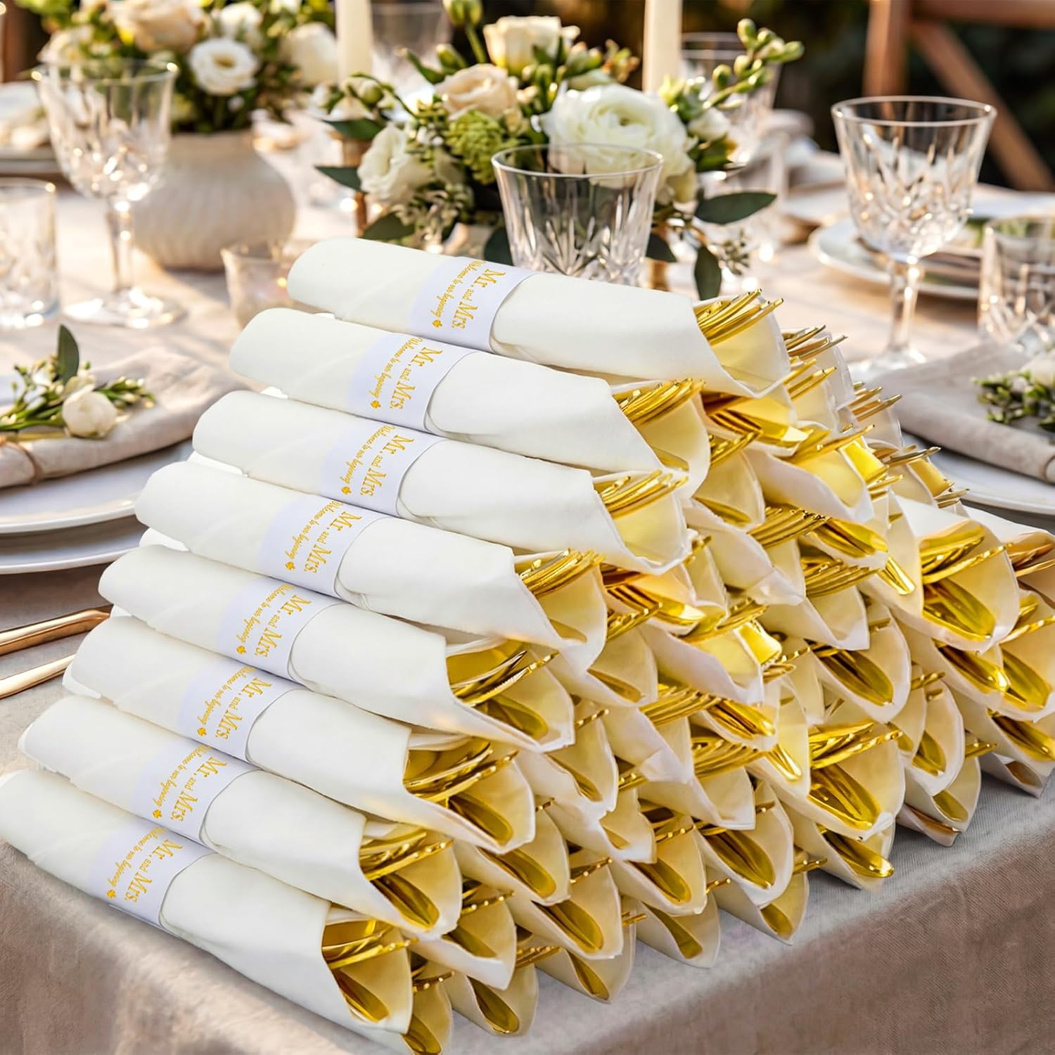 Meanplan 200 Pcs Wedding Pre Rolled Gold Plastic Silverware Set Mr and Mrs Wedding Disposable Wrapped Cutlery Set for Bridal Shower Engagement Party Decor, 50 Pcs Napkins Knives Forks and Spoons
